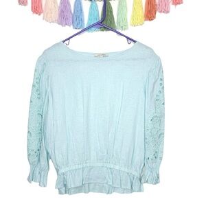 Anne Carson Chic Light Blue Linen Blouse with Ruffled Embroidered Sleeves Medium